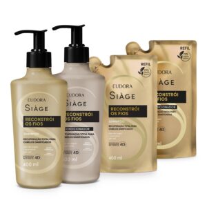 Combo Siàge Reconstrói os Fios: Shampoo 400ml + Refil Shampoo 400ml + Condicionador 400ml + Refil Condicionador 400ml